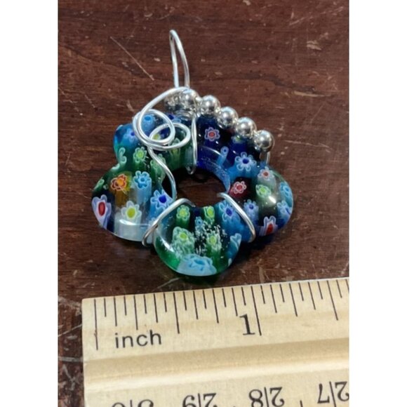 Art Glass Millefiori Flower Pendant With Silver Wire Wrap & Bead Accents Womens - Picture 3 of 3